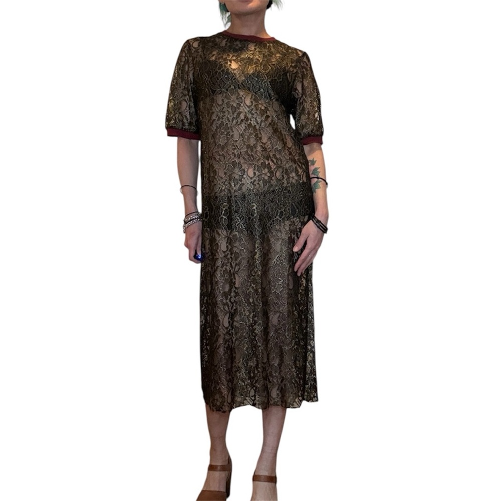 Sheer Black and Gold Lace Midi Dress with Burgundy Trim